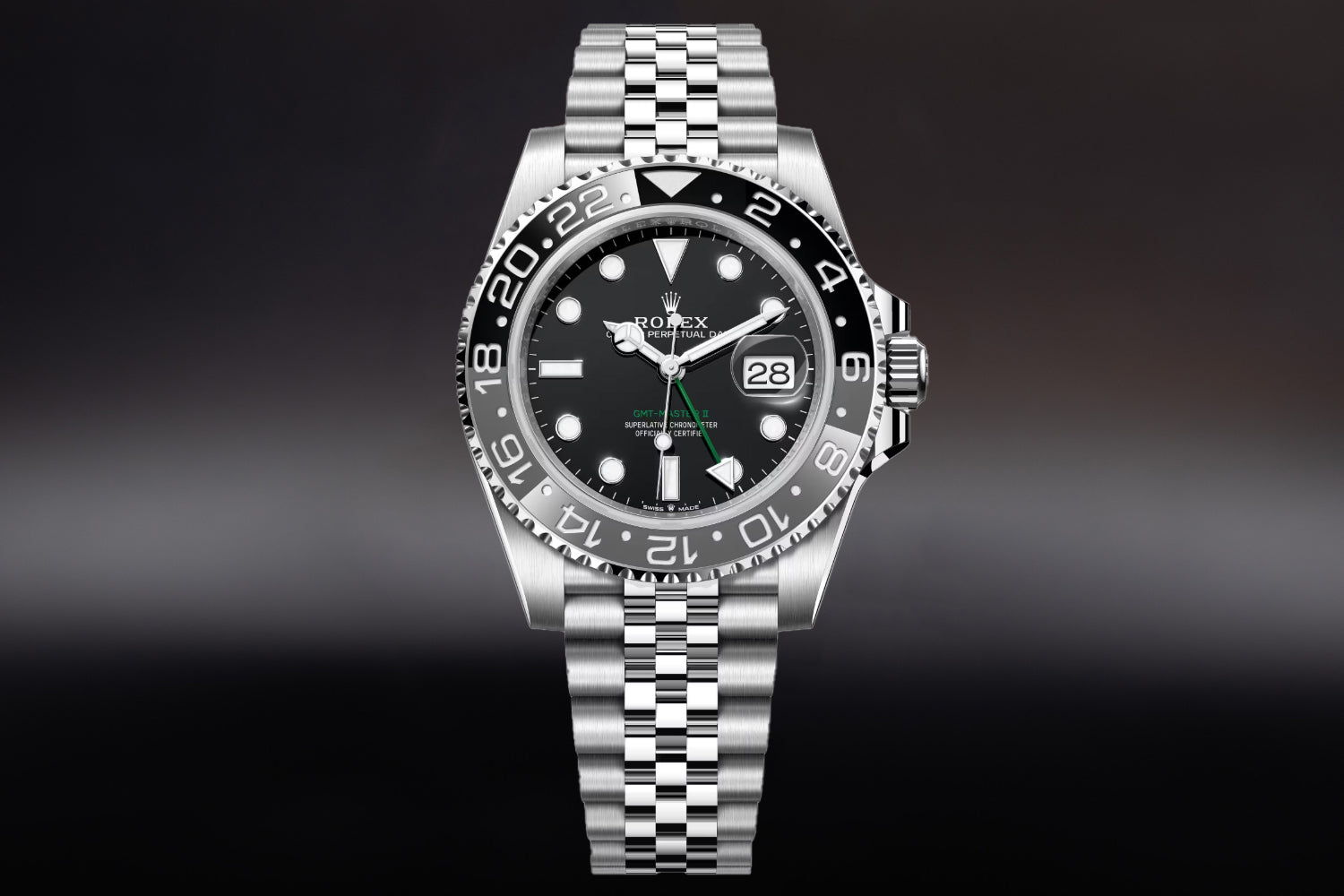 Rolex GMT-Master II stainless steel Black Dial black and grey bezel "Bruce Wayne" 126710GRNR on jubilee bracelet