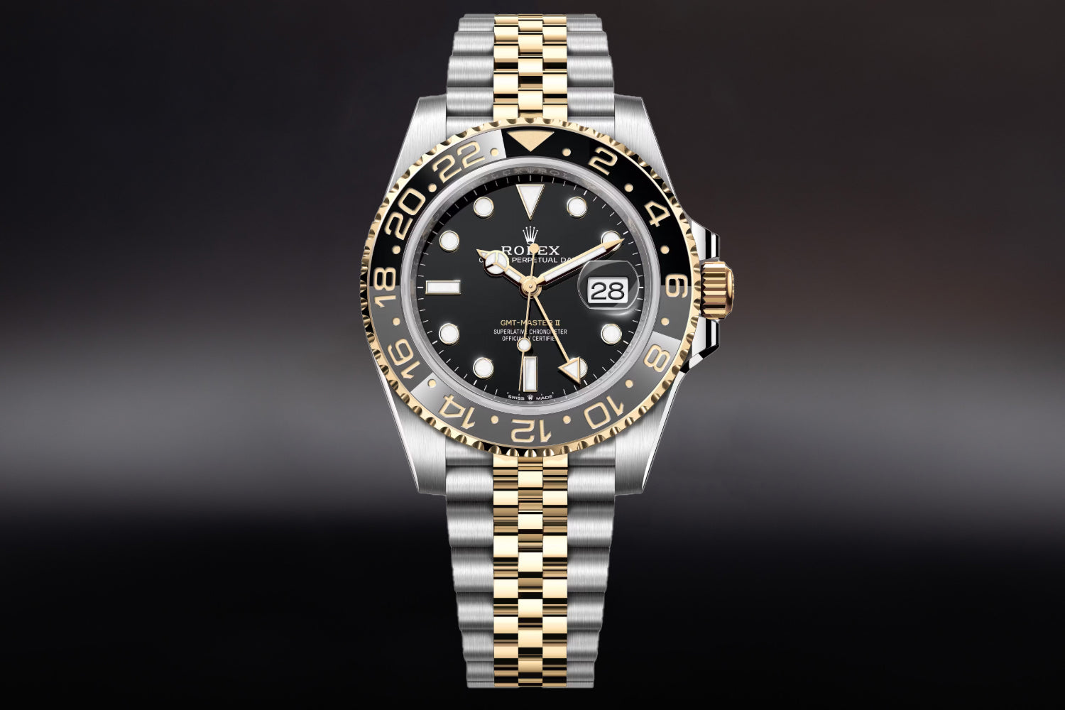 Rolex GMT-Master II Two Tone stainless steel and Yellow Gold Black Dial with black and grey bezel "Zombie" 126713GRNR on jubilee bracelet