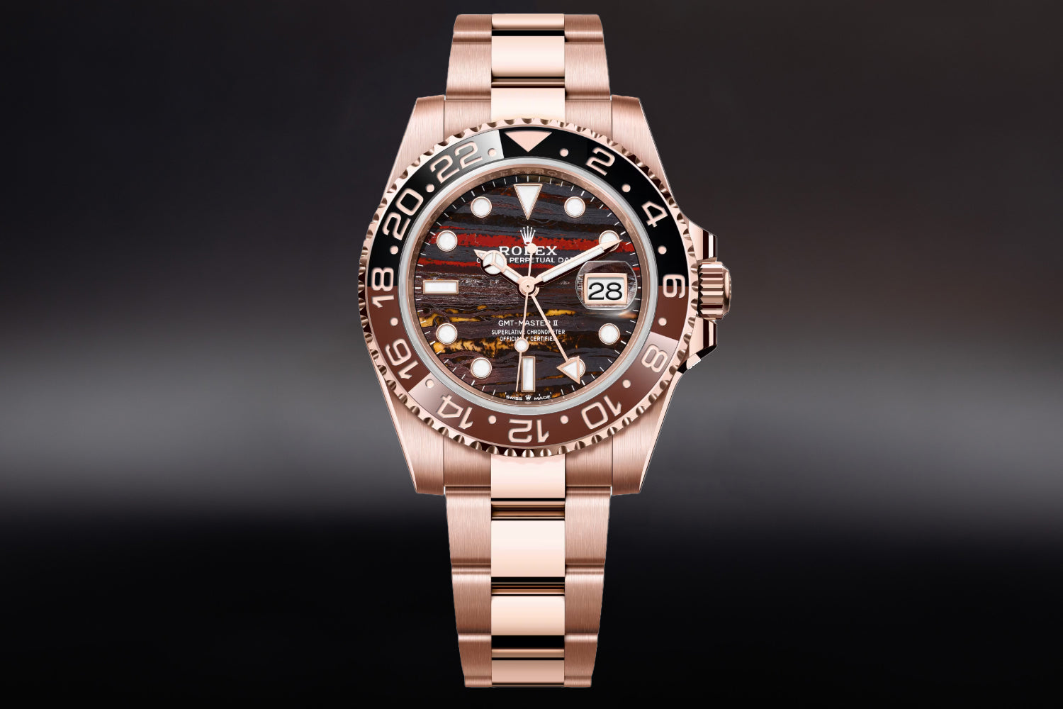 Rolex GMT-Master II 18K Rose Gold Everose Tiger Iron Dial with black and brown bezel 126715CHNR on oyster bracelet