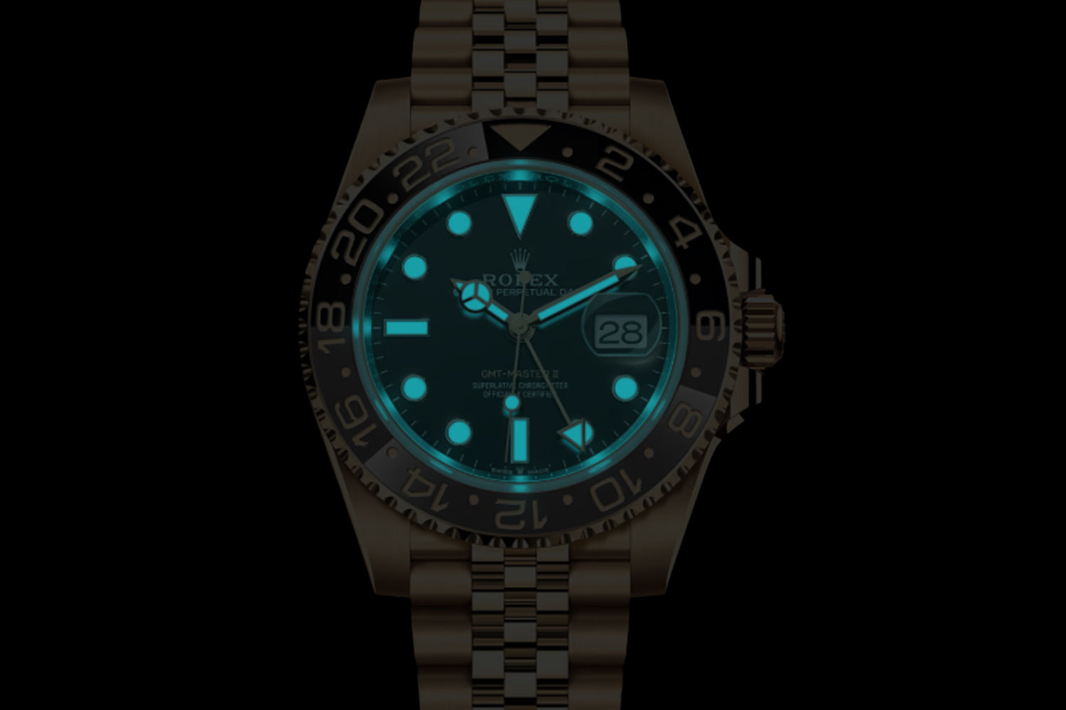 Rolex GMT-Master II 18K Yellow Gold Black Dial with black and grey bezel "Gold Zombie" 126718GRNR lume