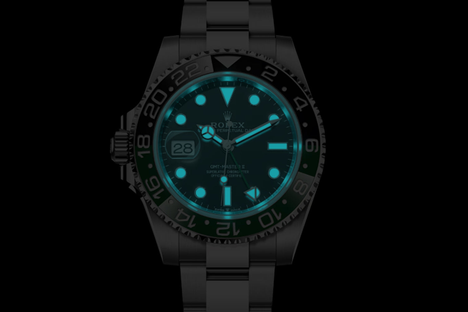 Rolex GMT-Master II stainless steel Black Dial with black and green bezel "Sprite" 126720VTNR lume