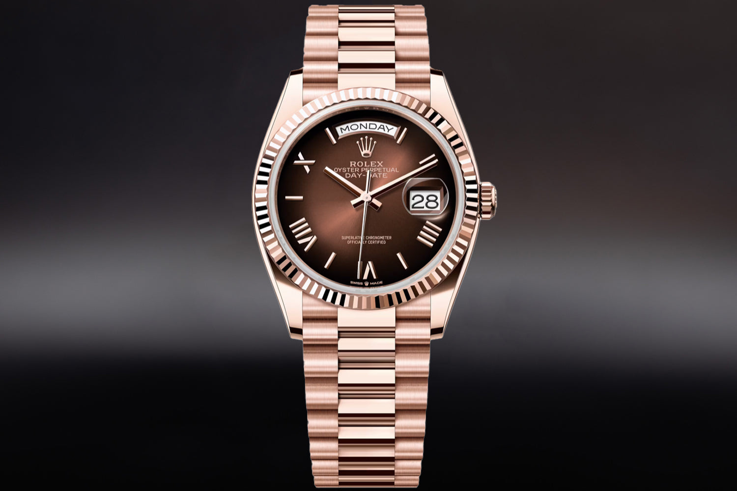 Rolex Day-Date 36 Everose Rose Gold Brown Ombré Dial 128235 on president bracelet