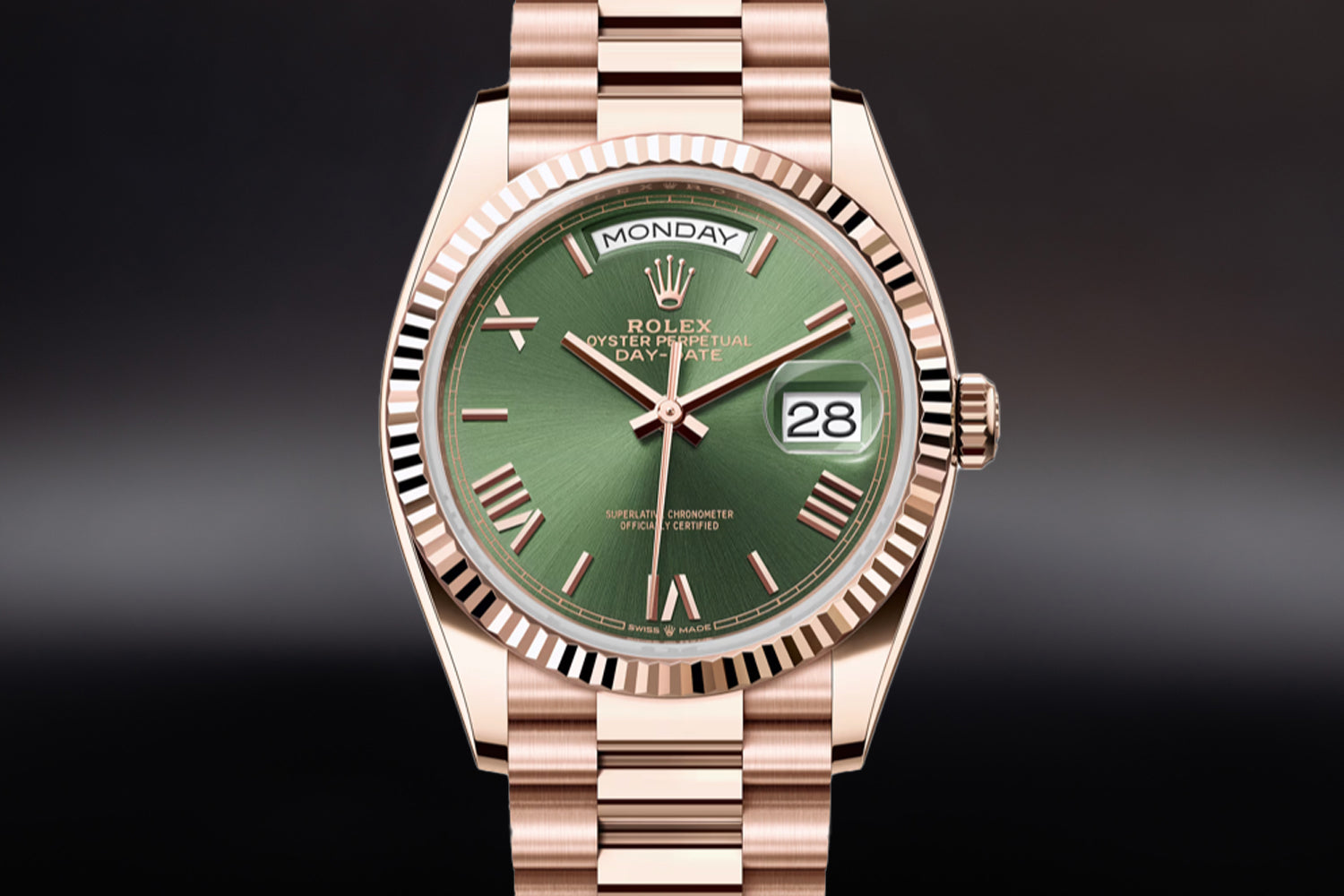Rolex Day-Date 36 Everose Gold Olive Green Dial 128235