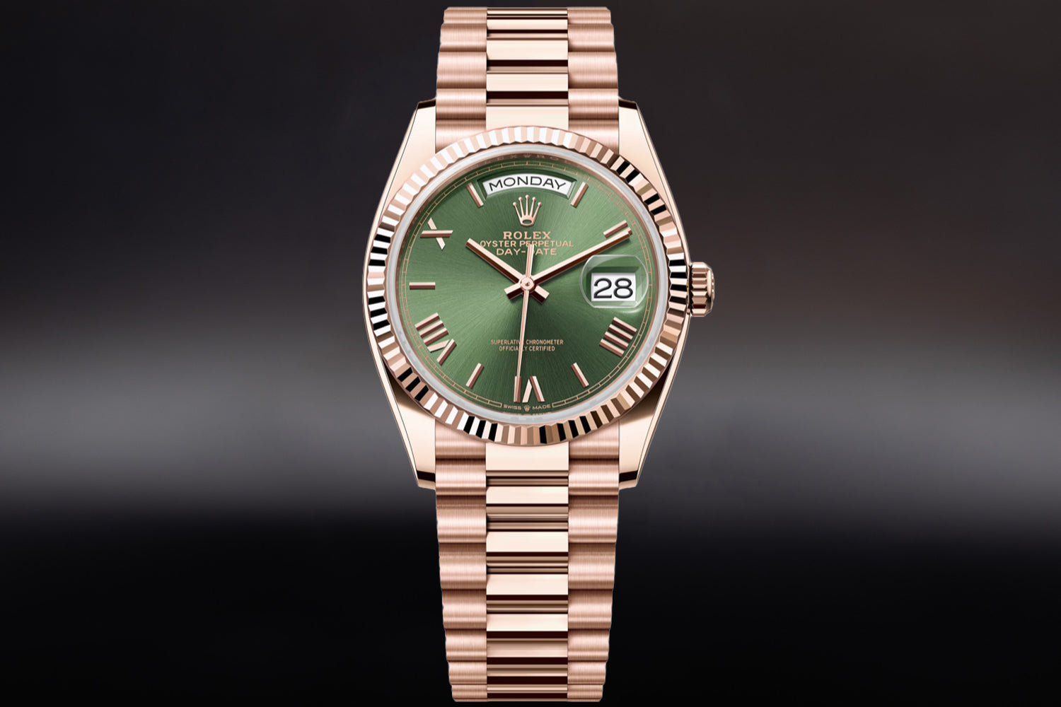 Rolex Day-Date 36 Rose Gold Everose Olive Green Dial 128235 on president bracelet
