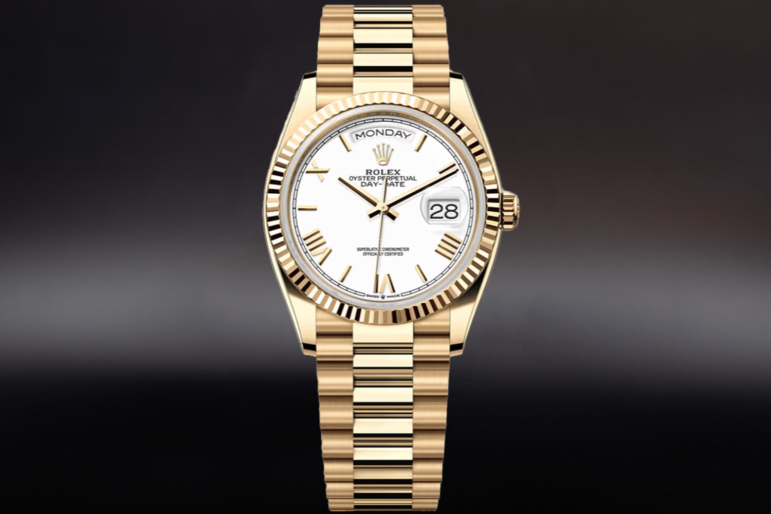 Rolex Day-Date 36 18K Yellow Gold White Dial with roman numerals 128238 on president bracelet