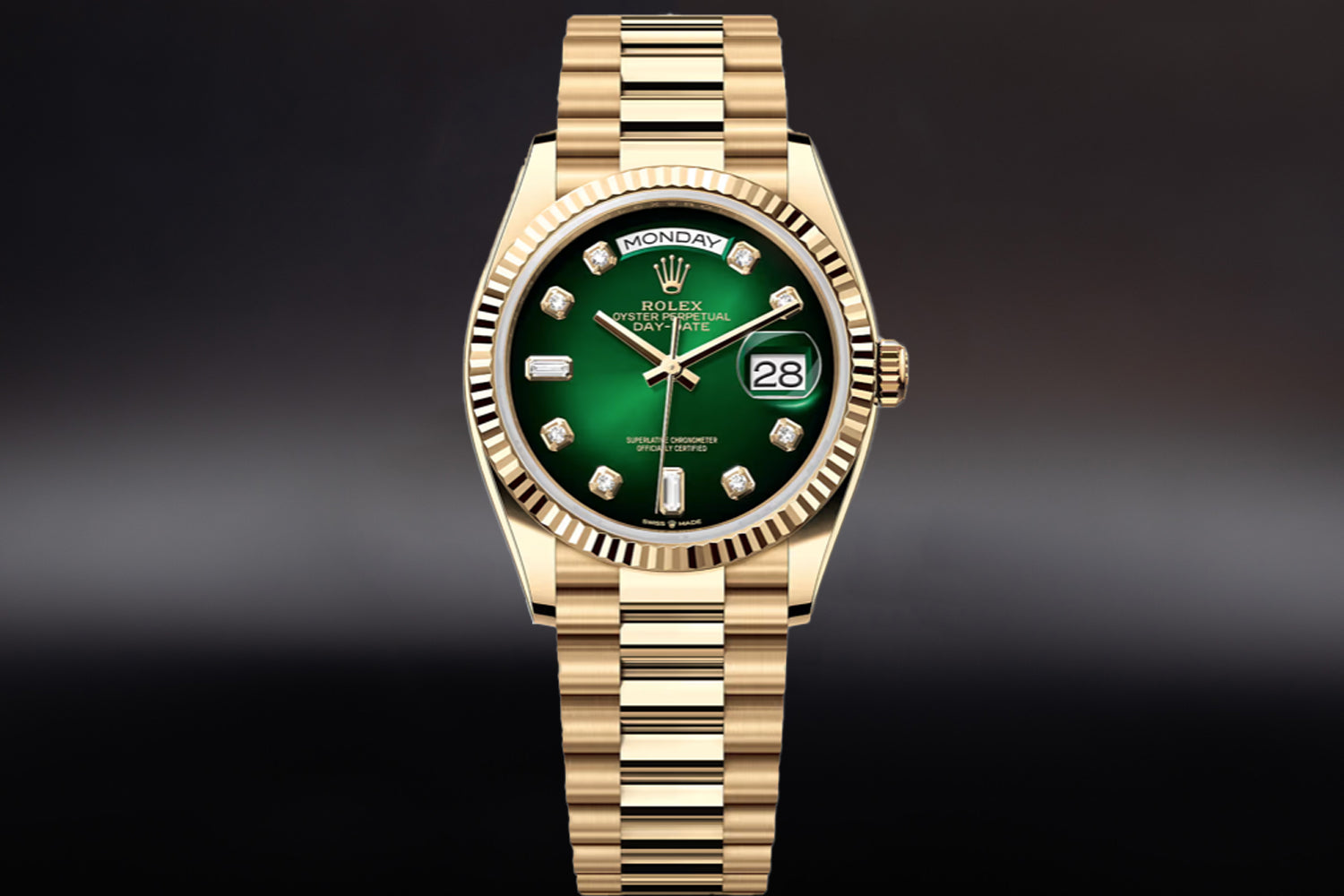 Rolex Day-Date 36 18K Yellow Gold Green Ombré Dial with diamond markers 128238 on president bracelet