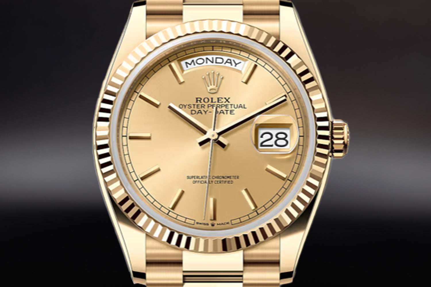 Rolex Day-Date 36 18K Yellow Gold Champagne Dial with baton indices 128238