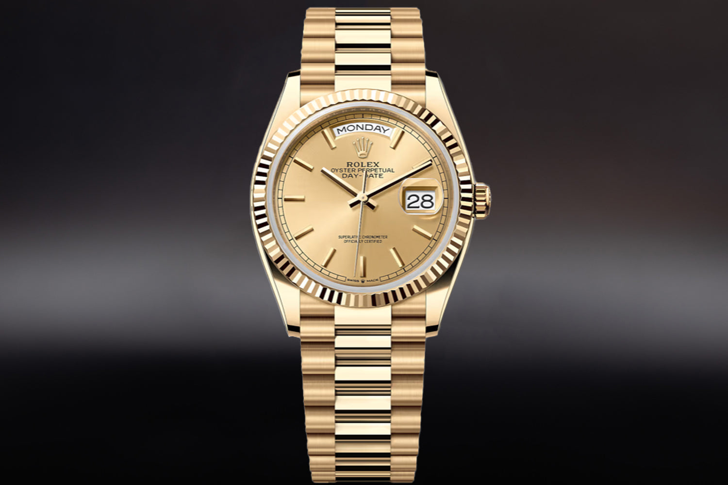 Rolex Day-Date 36 18K Yellow Gold Champagne Dial with baton indices 128238 on president bracelet