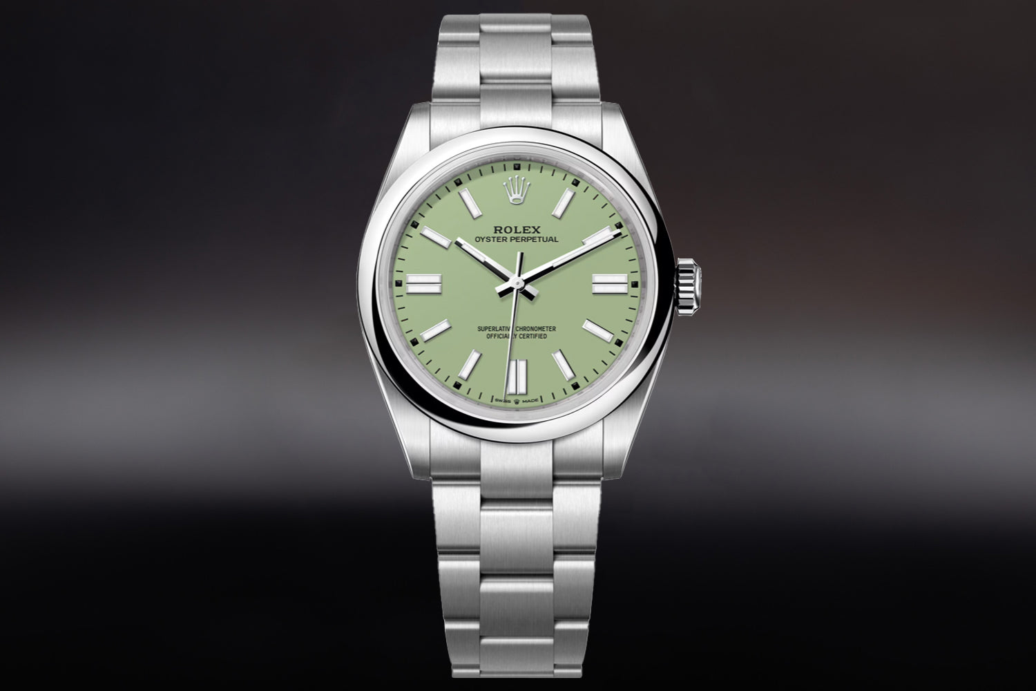 Rolex Oyster Perpetual 41 stainless steel with smooth bezel and Pistachio Dial 134300 on oyster bracelet