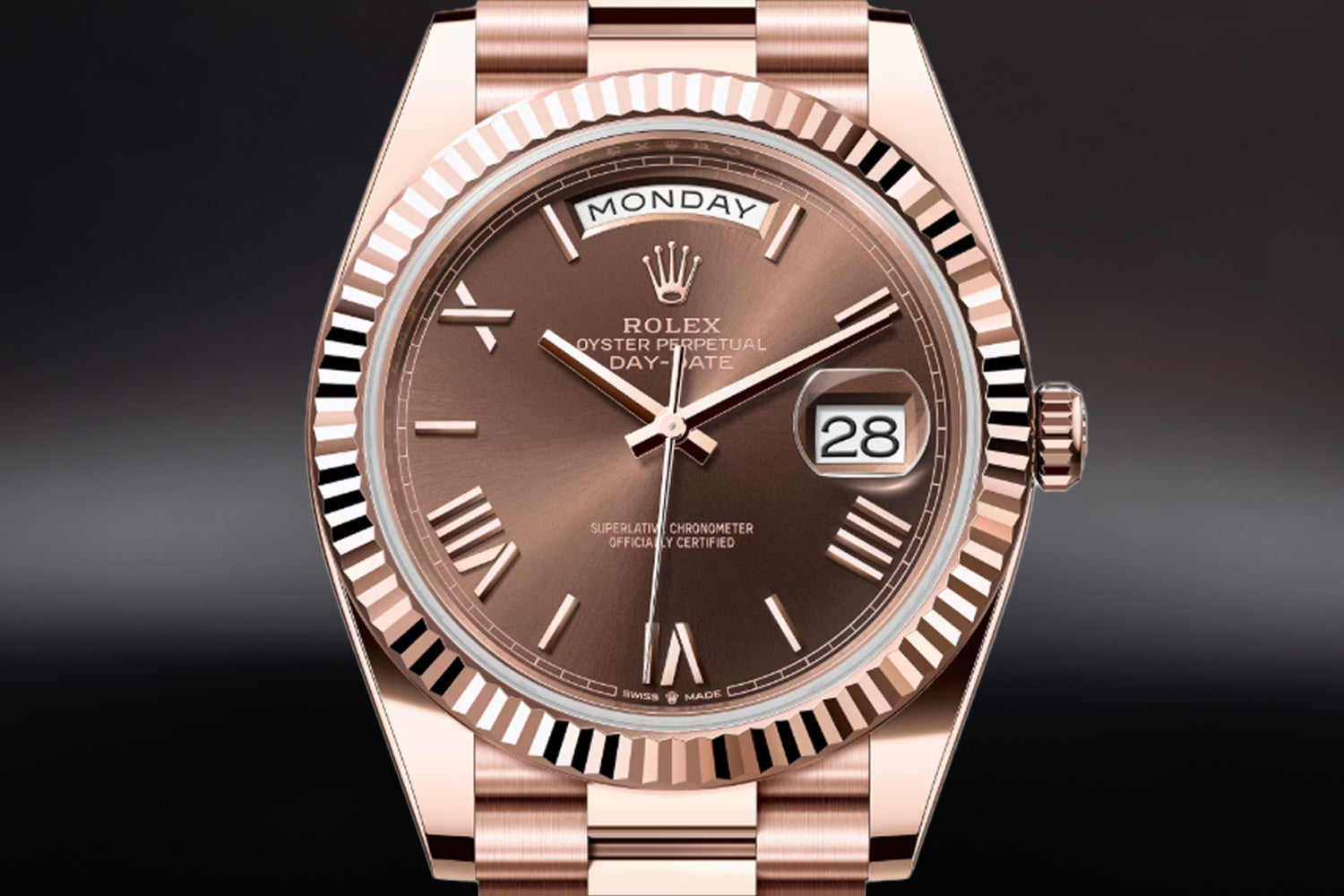 Rolex Day-Date 40 18K Rose Gold Everose with fluted bezel and Chocolate Dial 228235