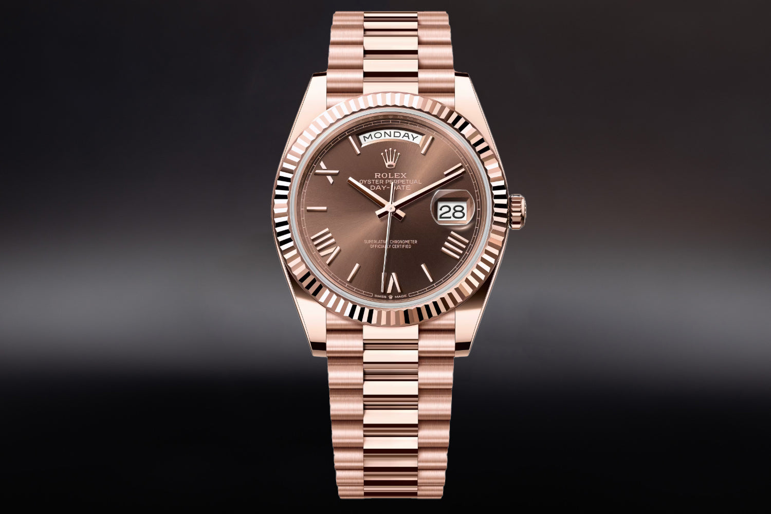 Rolex Day-Date 40 18K Rose Gold Everose with fluted bezel and Chocolate Dial 228235 on president bracelet