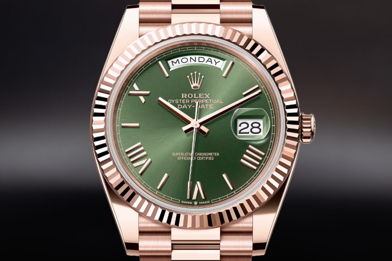 Rolex Day-Date 40 18K Rose Gold Everose with fluted bezel and Olive Green Dial 228235