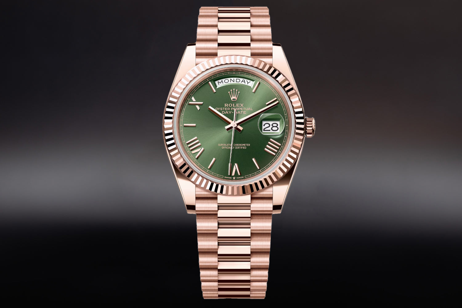 Rolex Day-Date 40 18K Rose Gold Everose with fluted bezel and Olive Green Dial 228235 on president bracelet