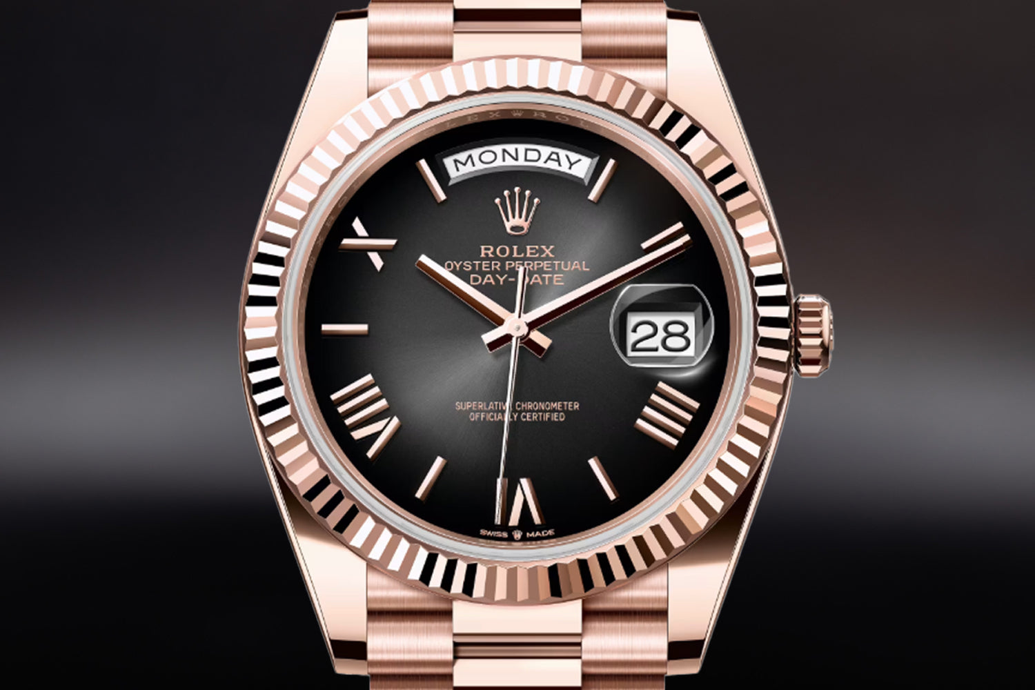 Rolex Day-Date 40 18K Rose Gold Everose with fluted bezel and Slate Ombré Dial 228235