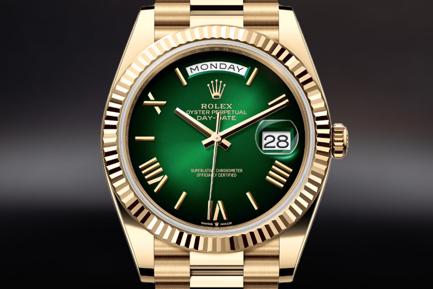 Rolex Day-Date 40 18K Yellow Gold with fluted bezel and Green Ombré Dial 228238