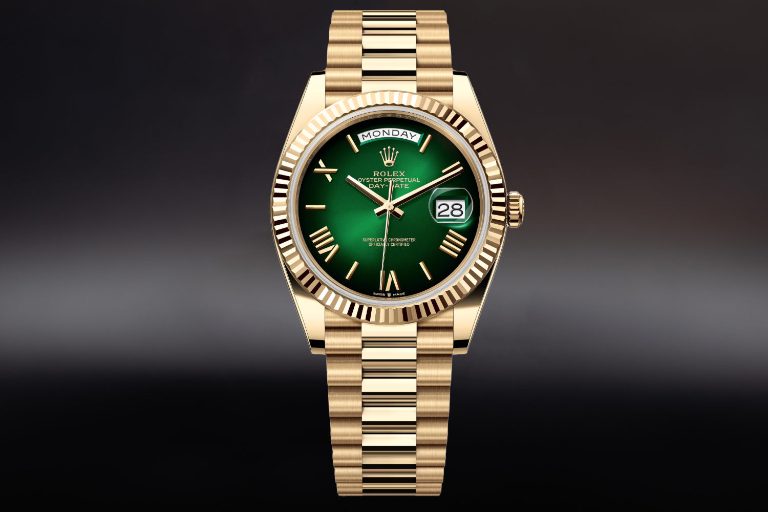 Rolex Day-Date 40 18K Yellow Gold with fluted bezel and Green Ombré Dial 228238 on president bracelet