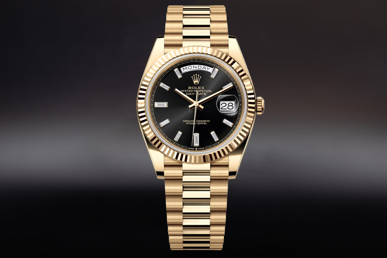 Rolex Day-Date 40 18K Yellow Gold with fluted bezel and Bright Black Diamond Set Dial 228238 on president bracelet