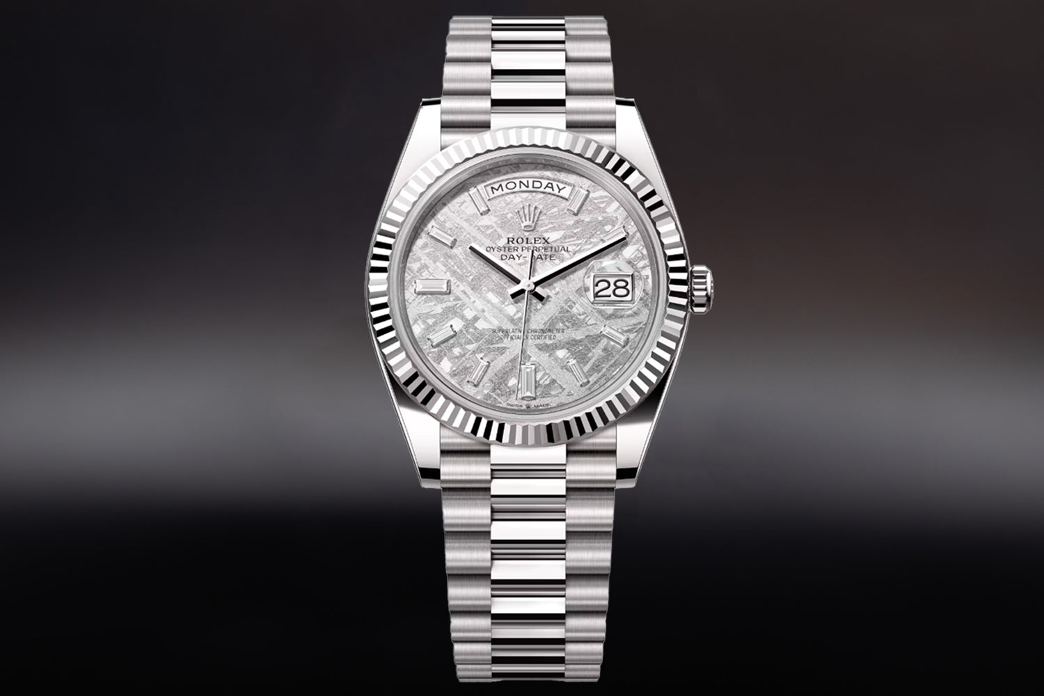 Rolex Day-Date 40 18K White Gold with fluted bezel and Meteorite Diamond Set Dial 228239 on president bracelet
