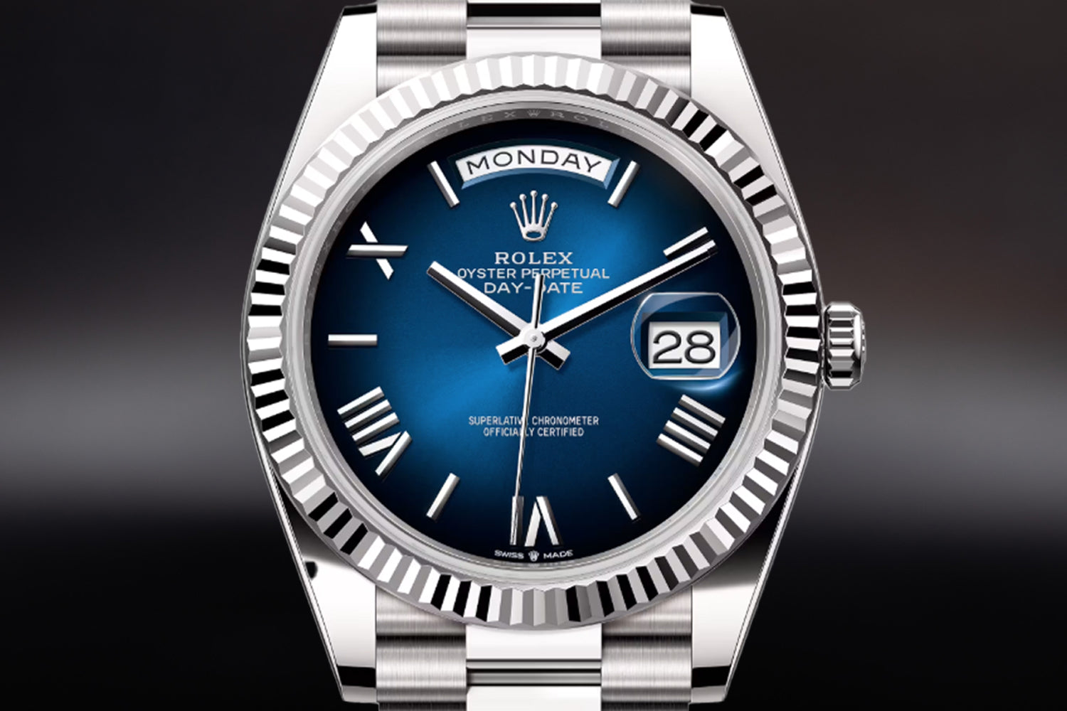 Rolex Day-Date 40 18K White Gold with fluted bezel and Blue Ombré Dial 228239