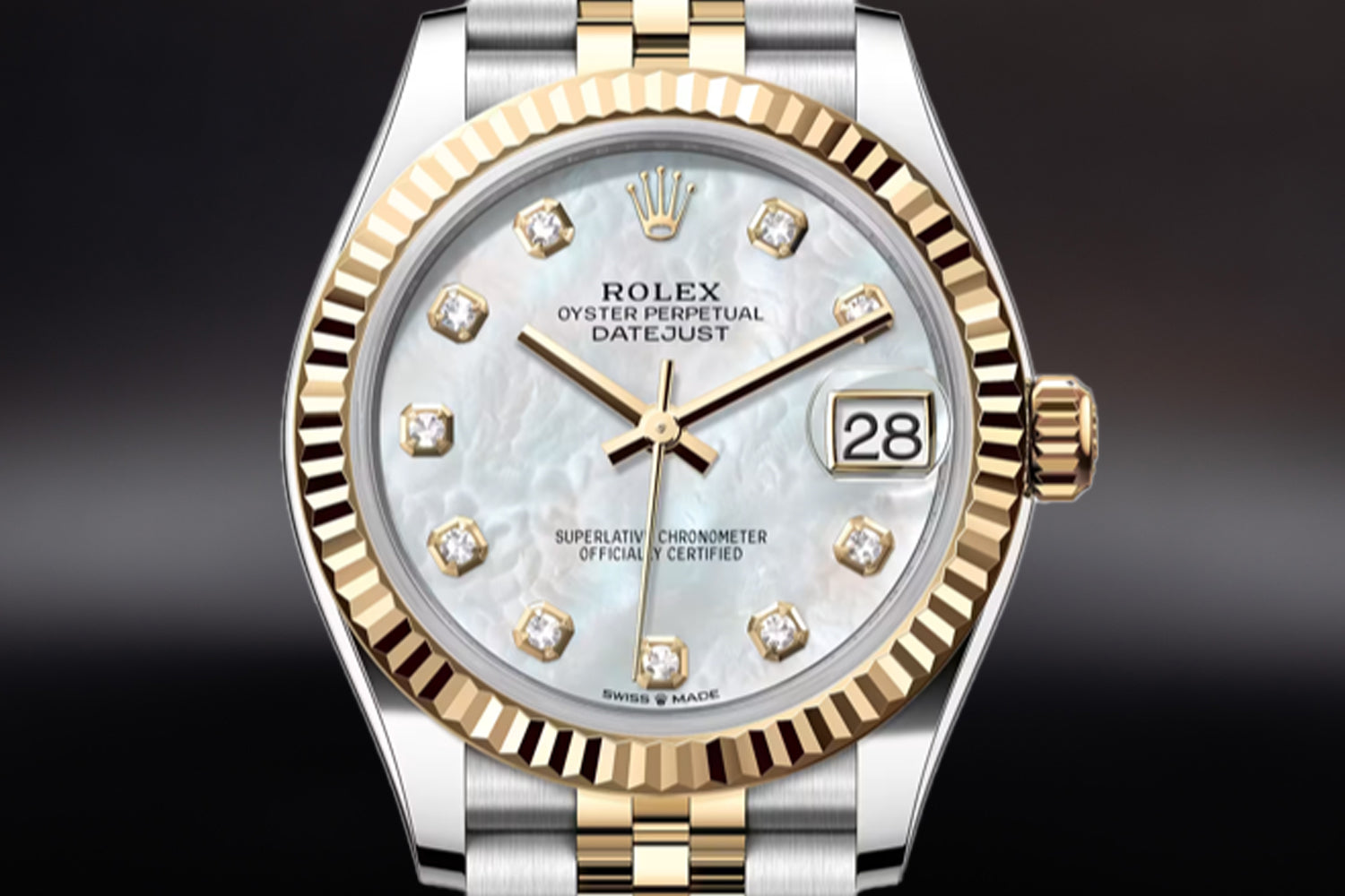 Rolex Datejust 31 Two Tone stainless steel and 18K Yellow Gold Rolesor  with fluted bezel and Mother of Pearl (MOP) Diamond Set Dial 278273