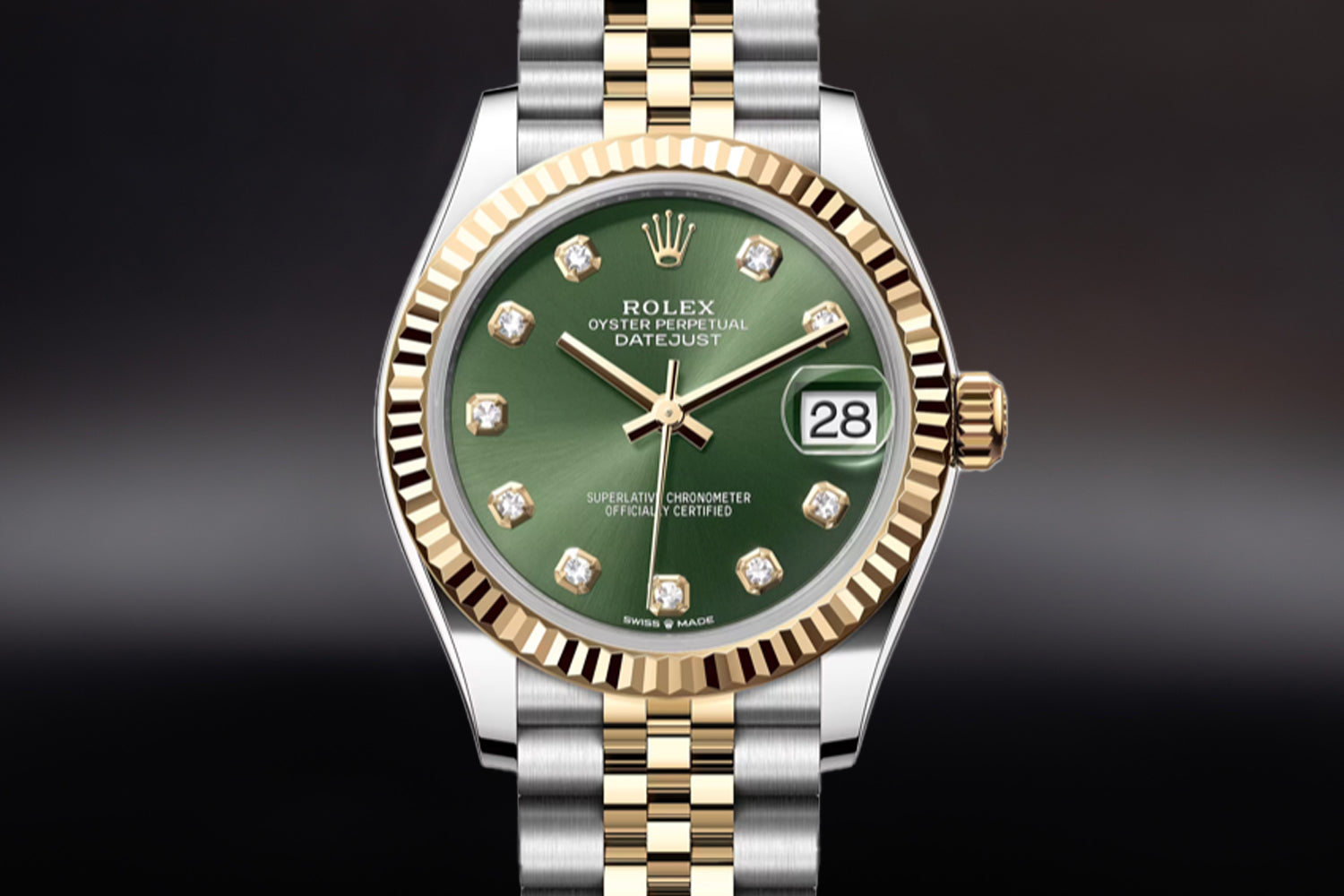Rolex Datejust 31 Two Tone Yellow Rolesor Olive Green Diamond Set Dial 278273