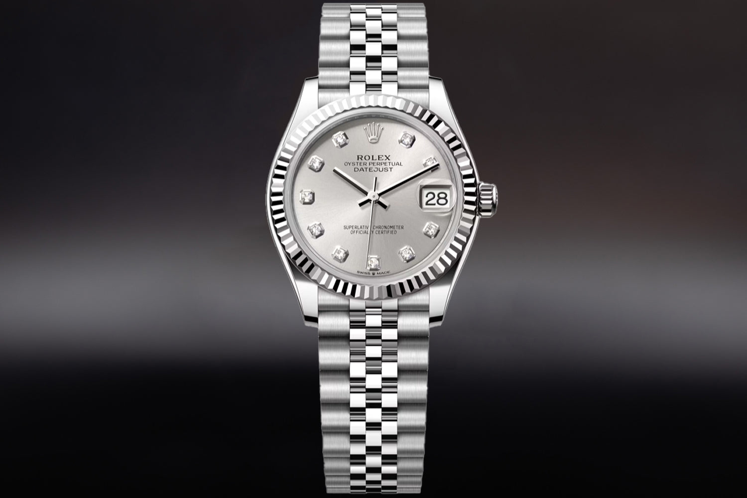 Rolex Datejust 31 stainless steel with 18K white gold fluted bezel and Silver Diamond Set Dial 278274 on jubilee bracelet