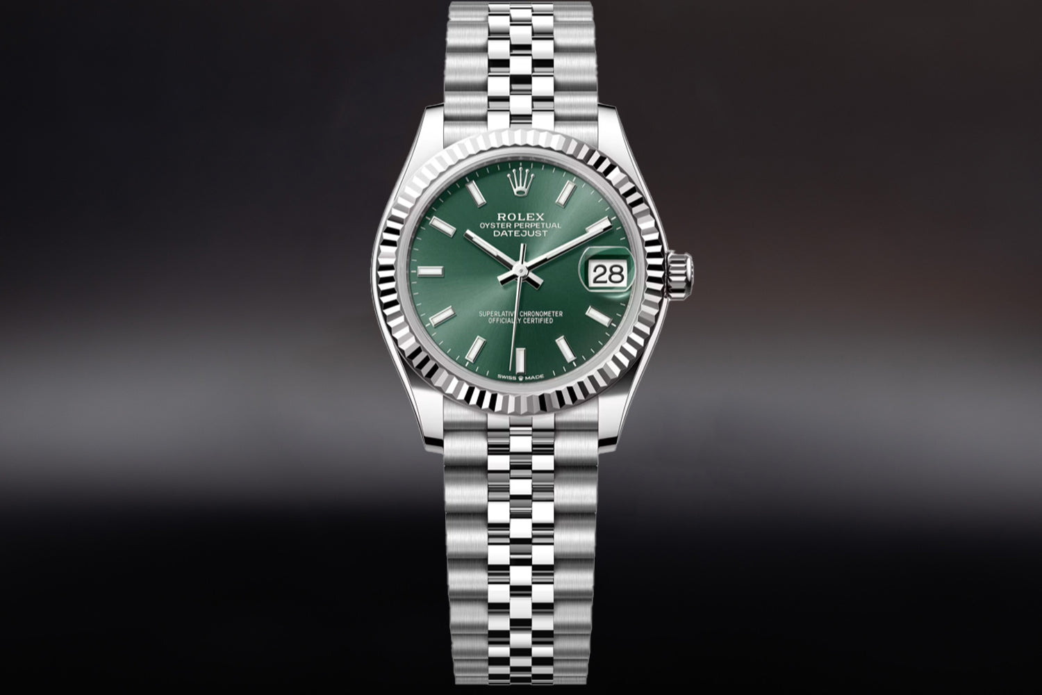 Rolex Datejust 31 stainless steel with 18K white gold fluted bezel and Mint Green Dial 278274 on jubilee bracelet