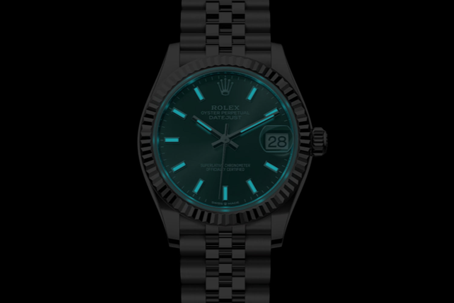 Rolex Datejust 31 stainless steel with 18K white gold fluted bezel and Mint Green Dial 278274 lume