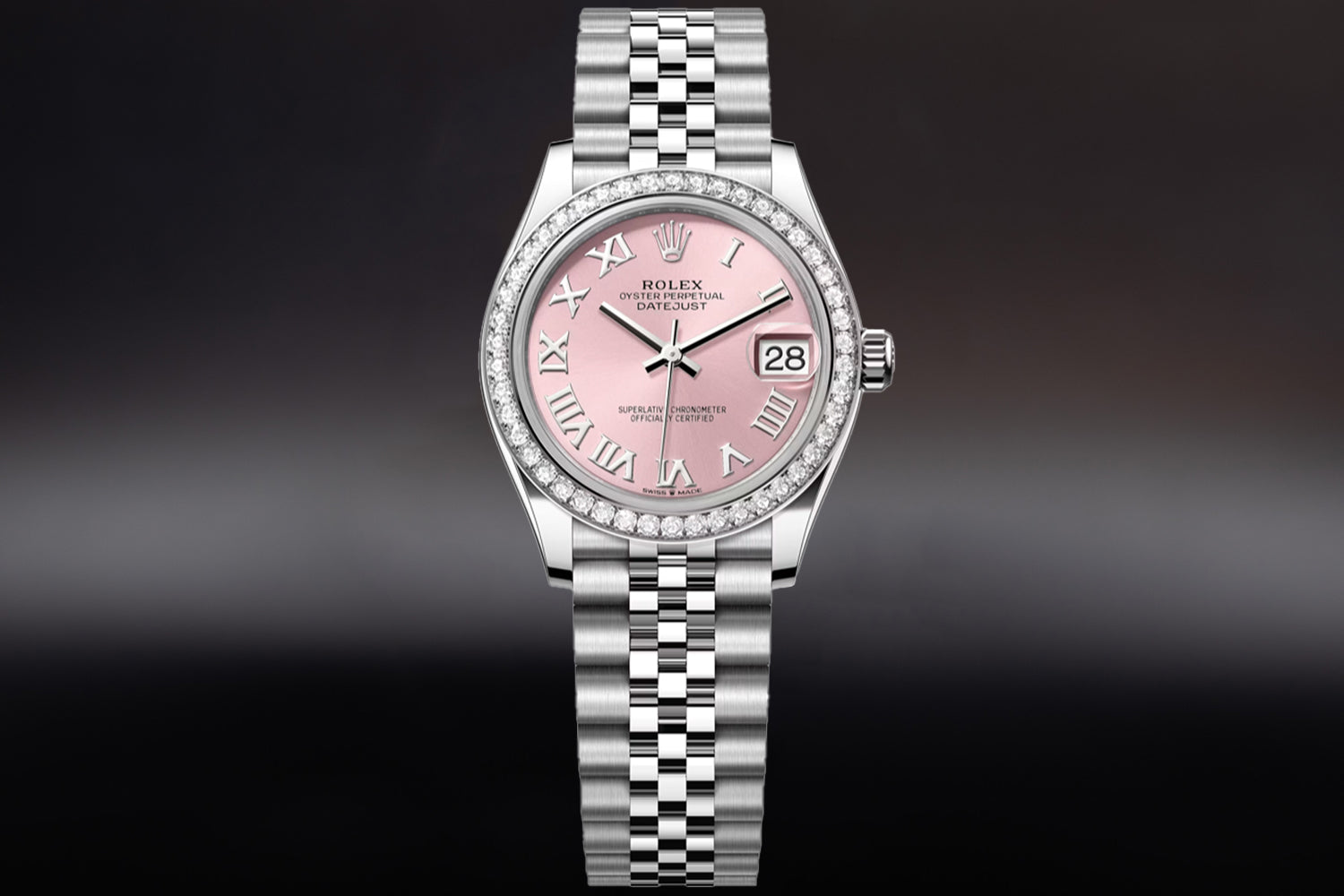 Rolex Datejust 31 Pink Dial Roman Numeral Brilliant Diamond Set Bezel 278384RBR on jubilee bracelet