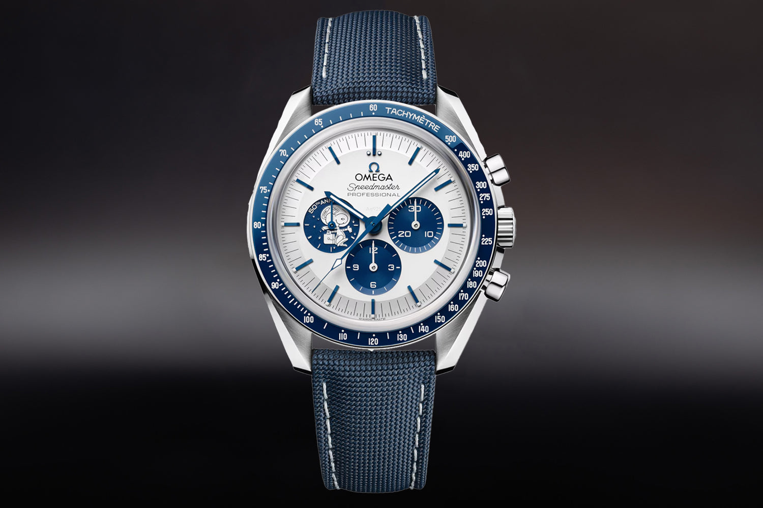 Omega Speedmaster "Silver Snoopy Award" 50th Anniversary 310.32.42.50.02.001 with blue strap