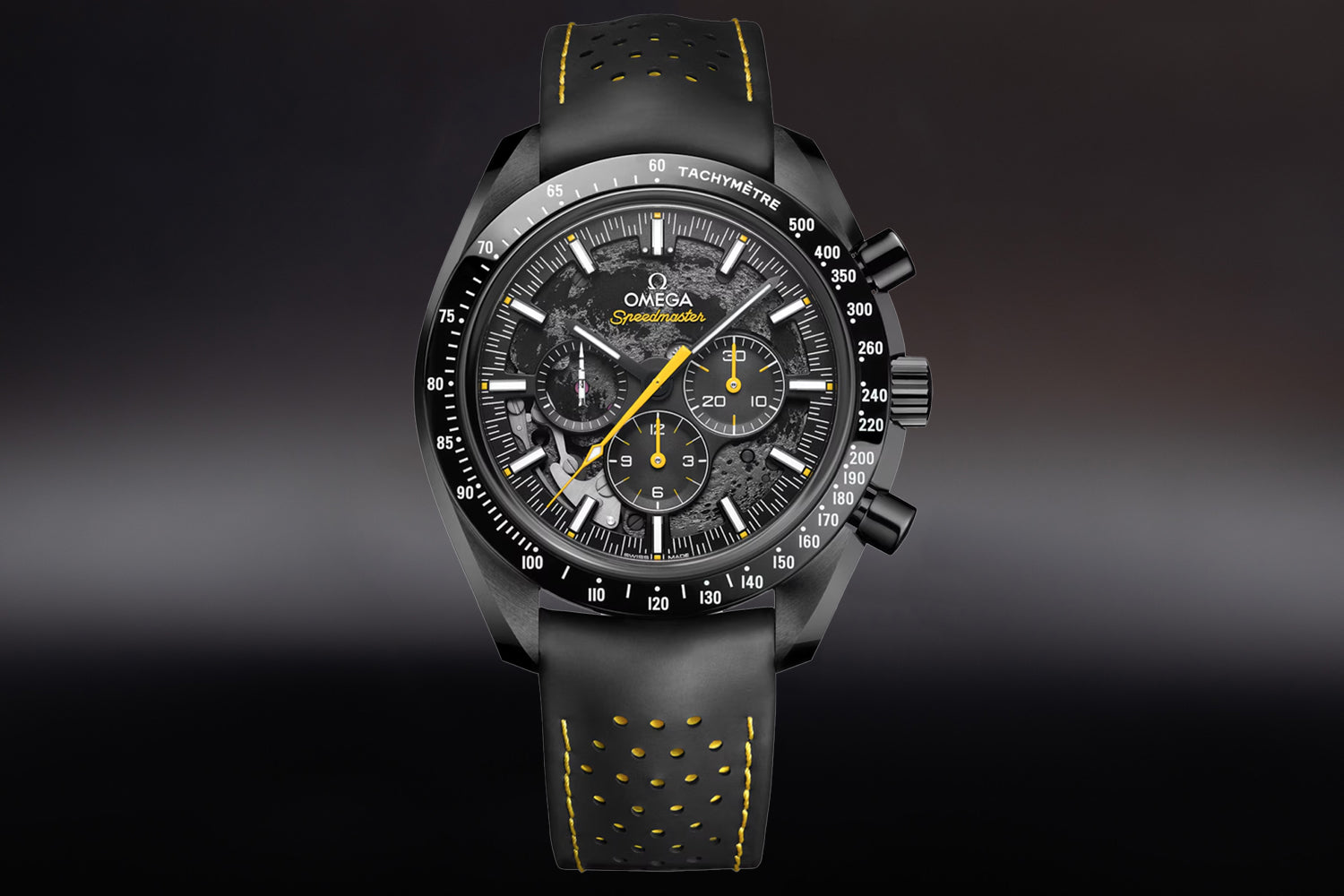 Omega Speedmaster Dark Side Of The Moon "Apollo 8" 310.92.44.50.01.001 with black and yellow strap