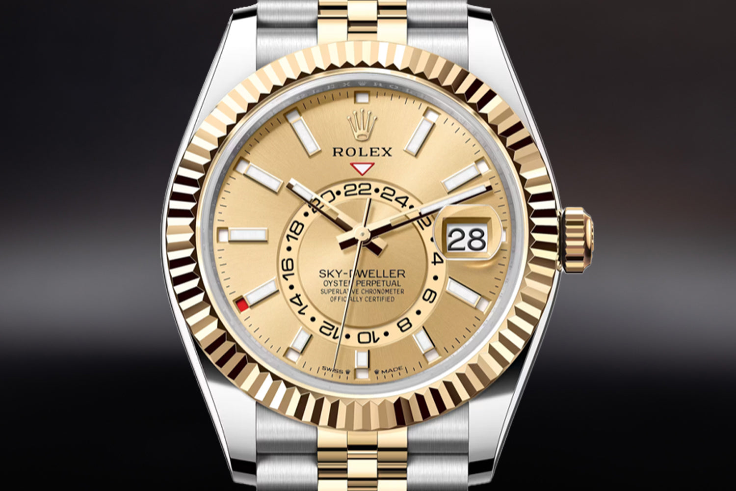 Rolex Sky-Dweller Two Tone stainless steel and 18K Yellow Gold Rolesor with fluted bezel and Champagne Dial 336933