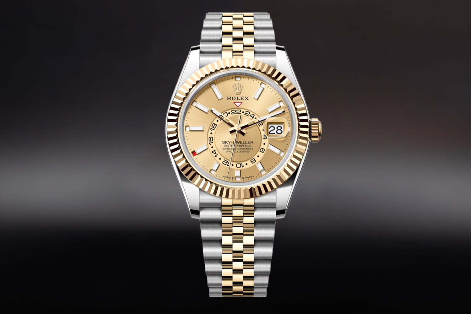Rolex Sky-Dweller Two Tone stainless steel and 18K Yellow Gold Rolesor with fluted bezel and Champagne Dial 336933 on jubilee bracelet