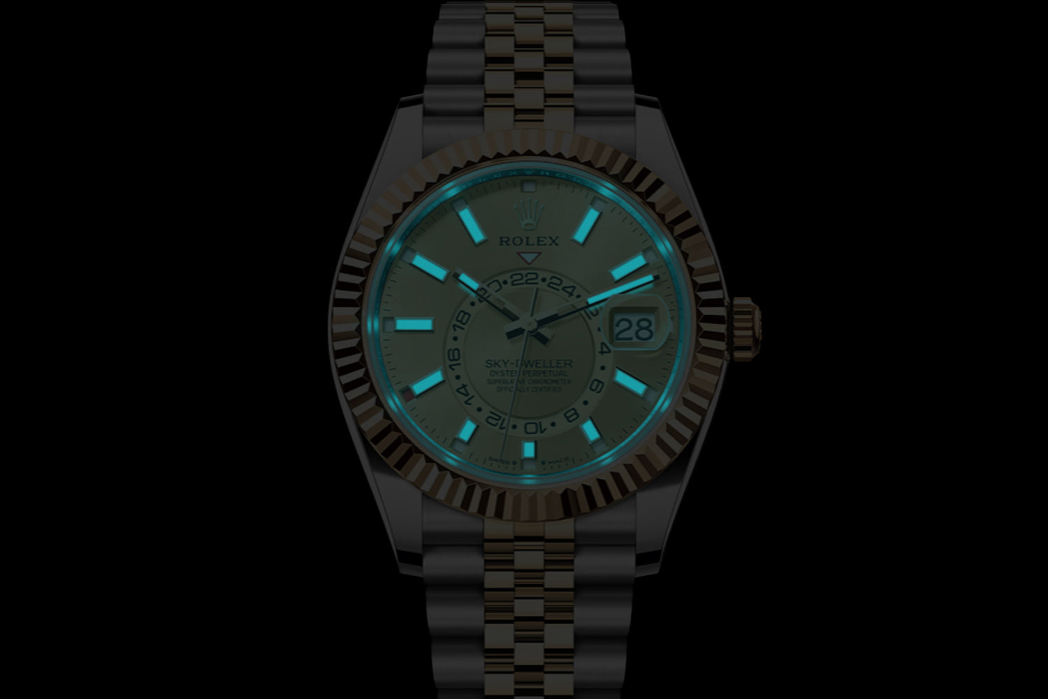 Rolex Sky-Dweller Two Tone stainless steel and 18K Yellow Gold Rolesor with fluted bezel and Champagne Dial 336933 lume
