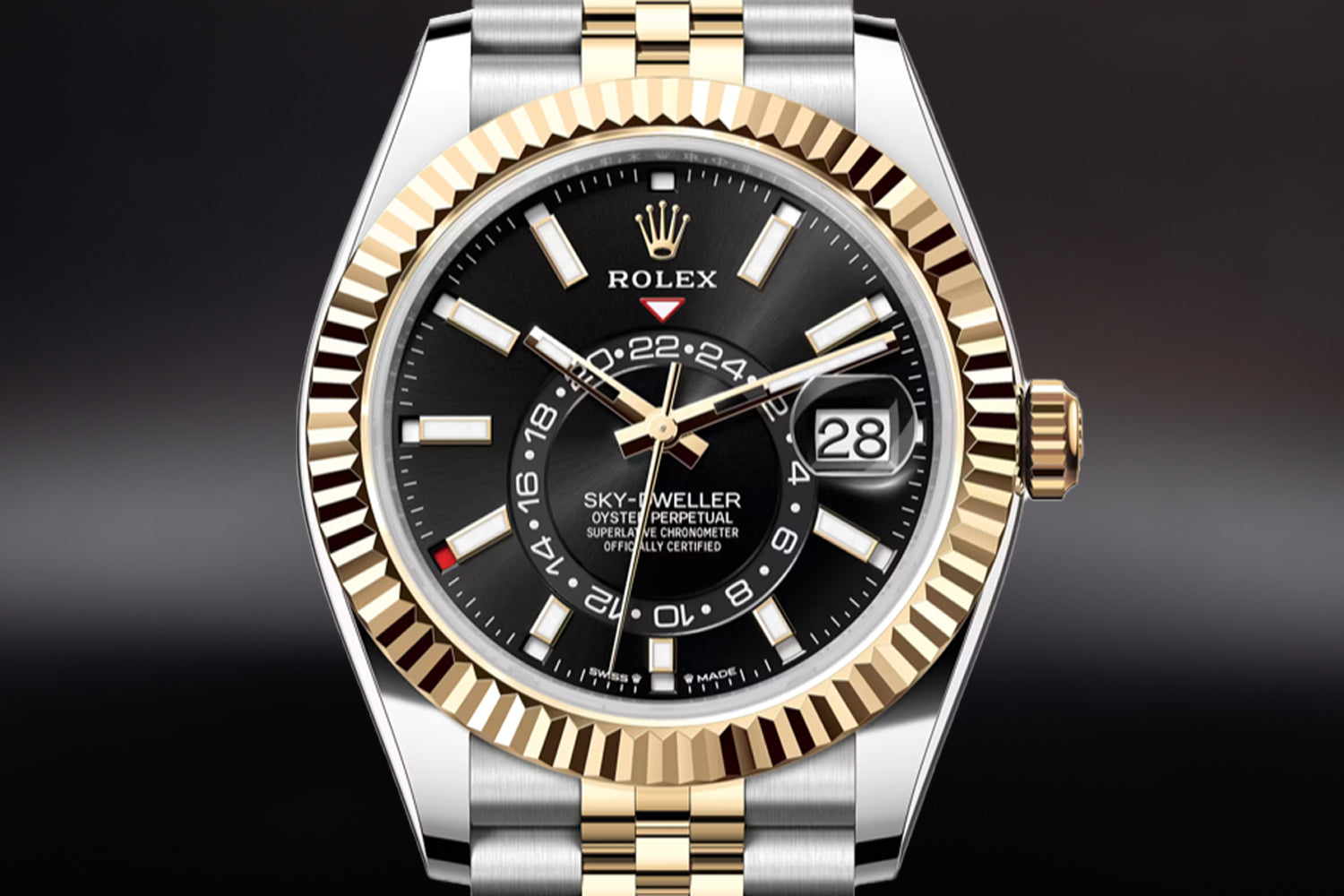 Rolex Sky-Dweller Two Tone stainless steel and 18K Yellow Gold Rolesor with fluted bezel and Black Dial 336933