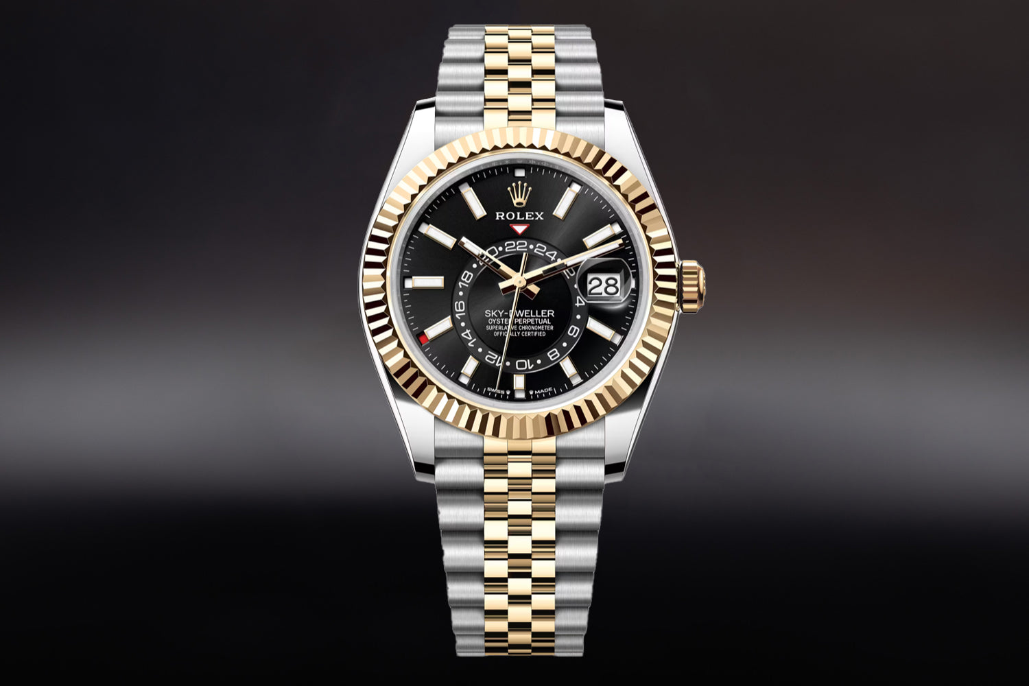 Rolex Sky-Dweller Two Tone stainless steel and 18K Yellow Gold Rolesor with fluted bezel and Black Dial 336933 on jubilee bracelet