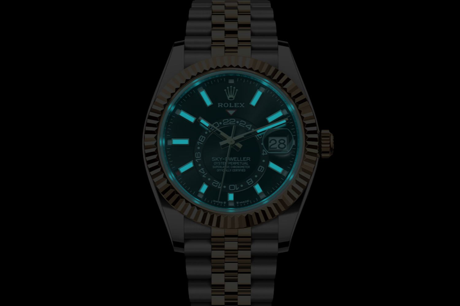 Rolex Sky-Dweller Two Tone stainless steel and 18K Yellow Gold Rolesor with fluted bezel and Black Dial 336933 lume