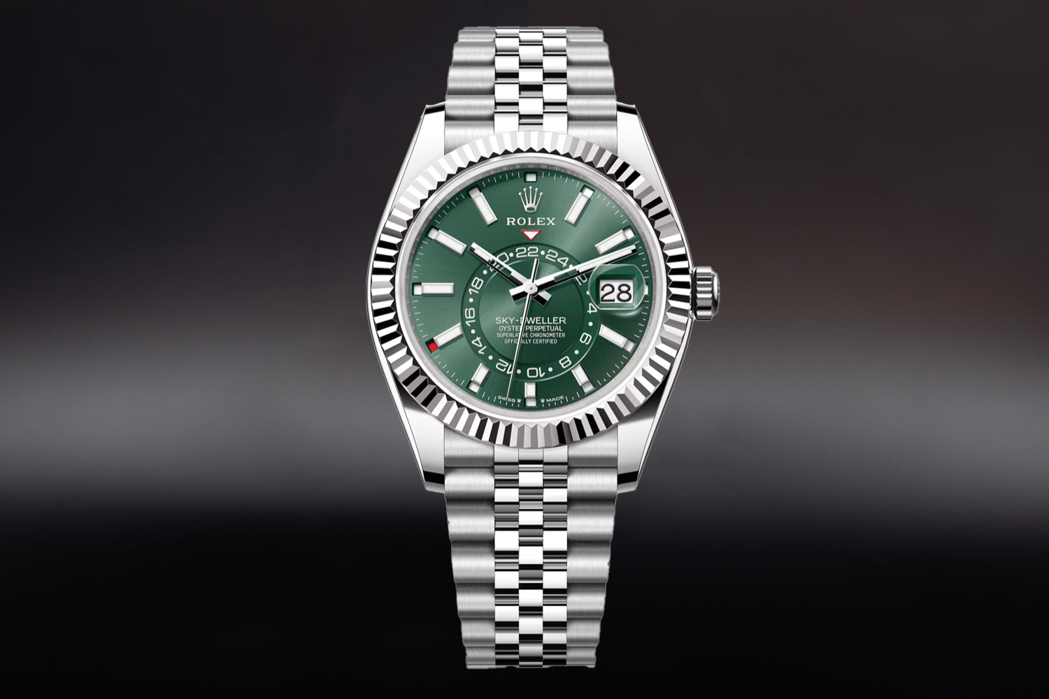 Rolex Sky-Dweller stainless steel with 18K white gold fluted bezel and Mint Green Dial 336934 on jubliee bracelet