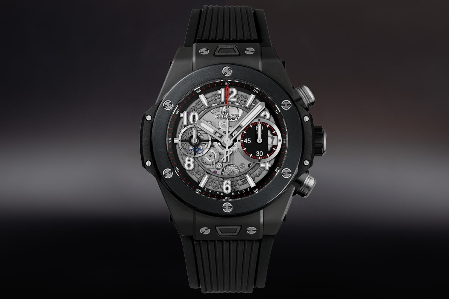 Hublot Big Bang Unico Matte black Ceramic Skeleton Dial "Black Magic" chronograph 441.CI.1170.RX on black rubber strap
