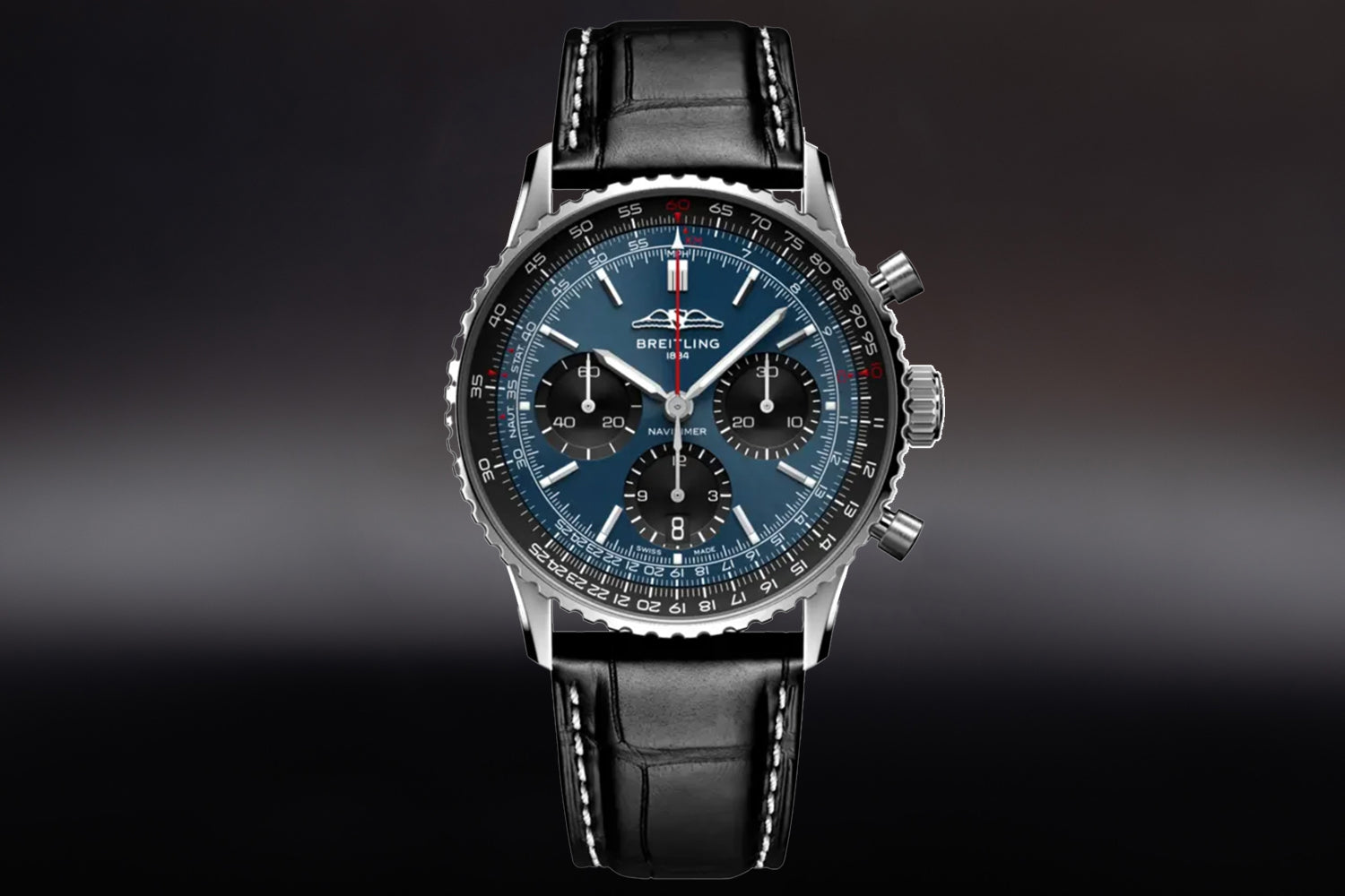 Breitling Navitimer B01 Chronograph 41 stainless steel Blue Dial AB0139241C1P1 on black alligator leather strap