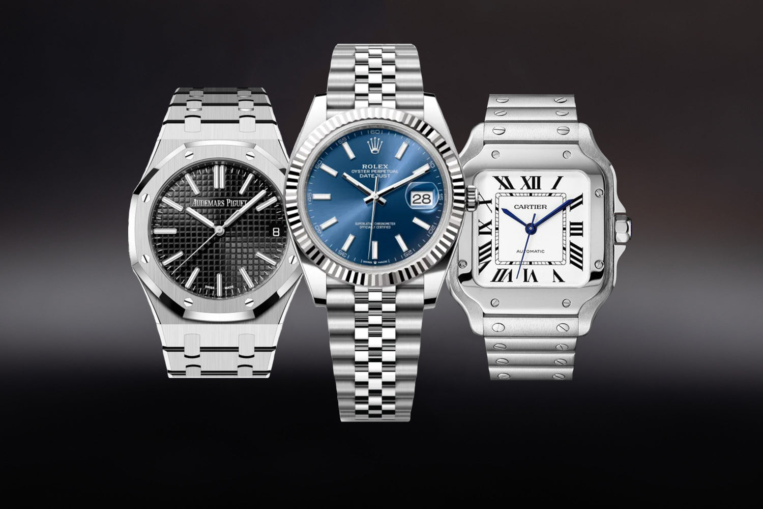 Luxury watch collection featuring Audemars Piguet Royal Oak, Rolex Datejust, and Cartier Santos