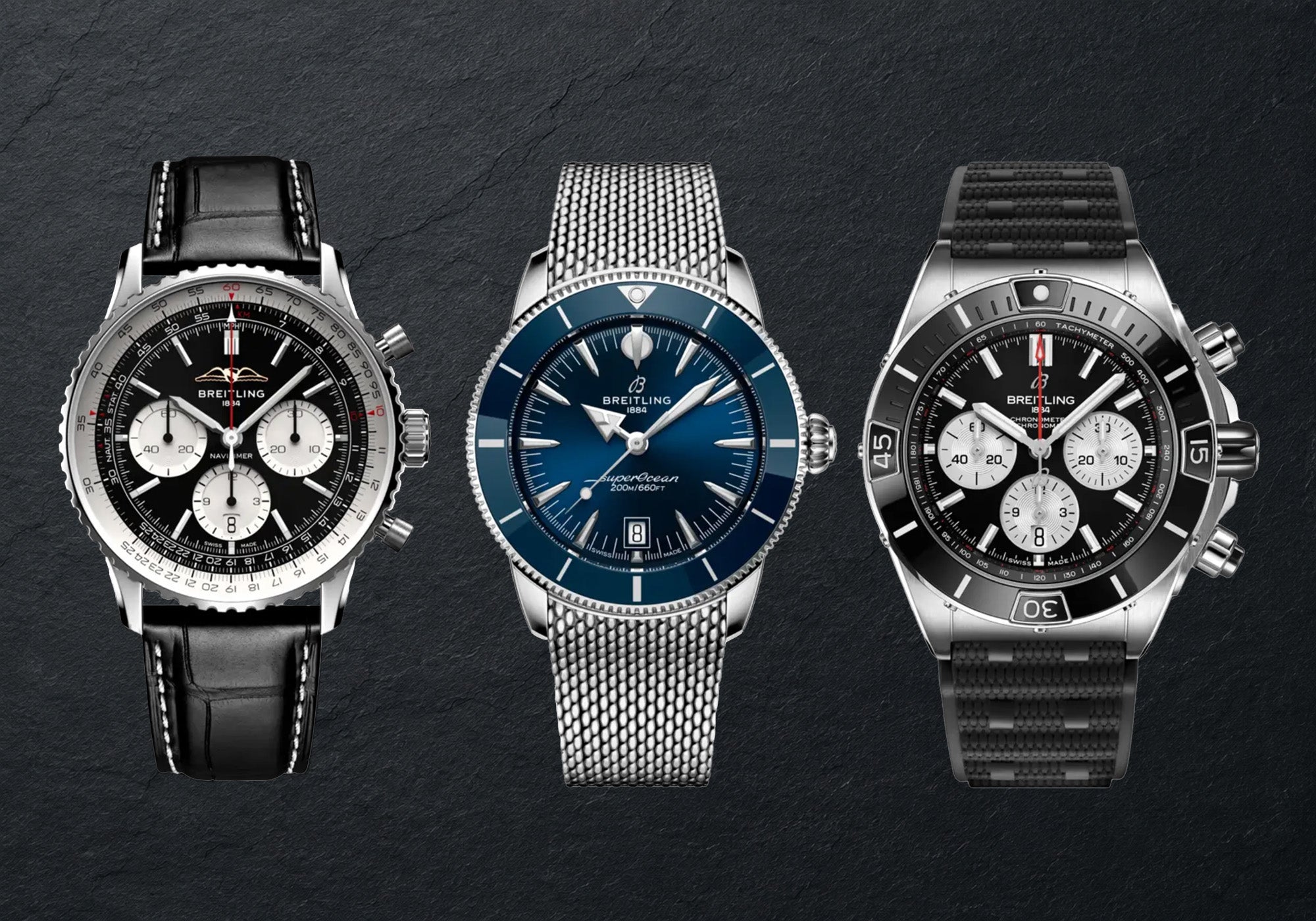 Popular Breitling watches including Navitimer, Superocean Heritage, and Chronomat