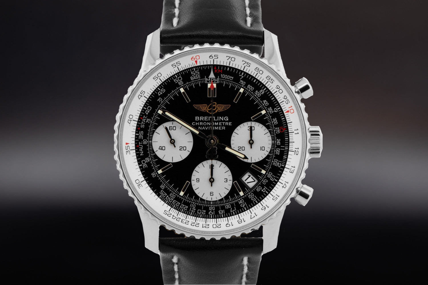 Breitling Navitimer luxury sports watch with black dial and leather strap
