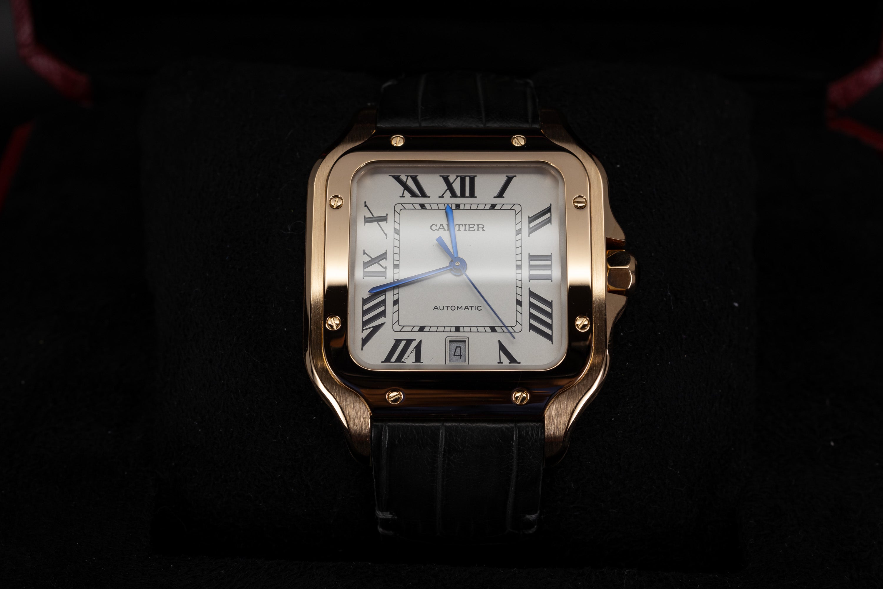 Cartier Santos de Cartier 18K Rose Gold silvered opaline dial with roman numerals and date window WGSA0011 with blue sword hands