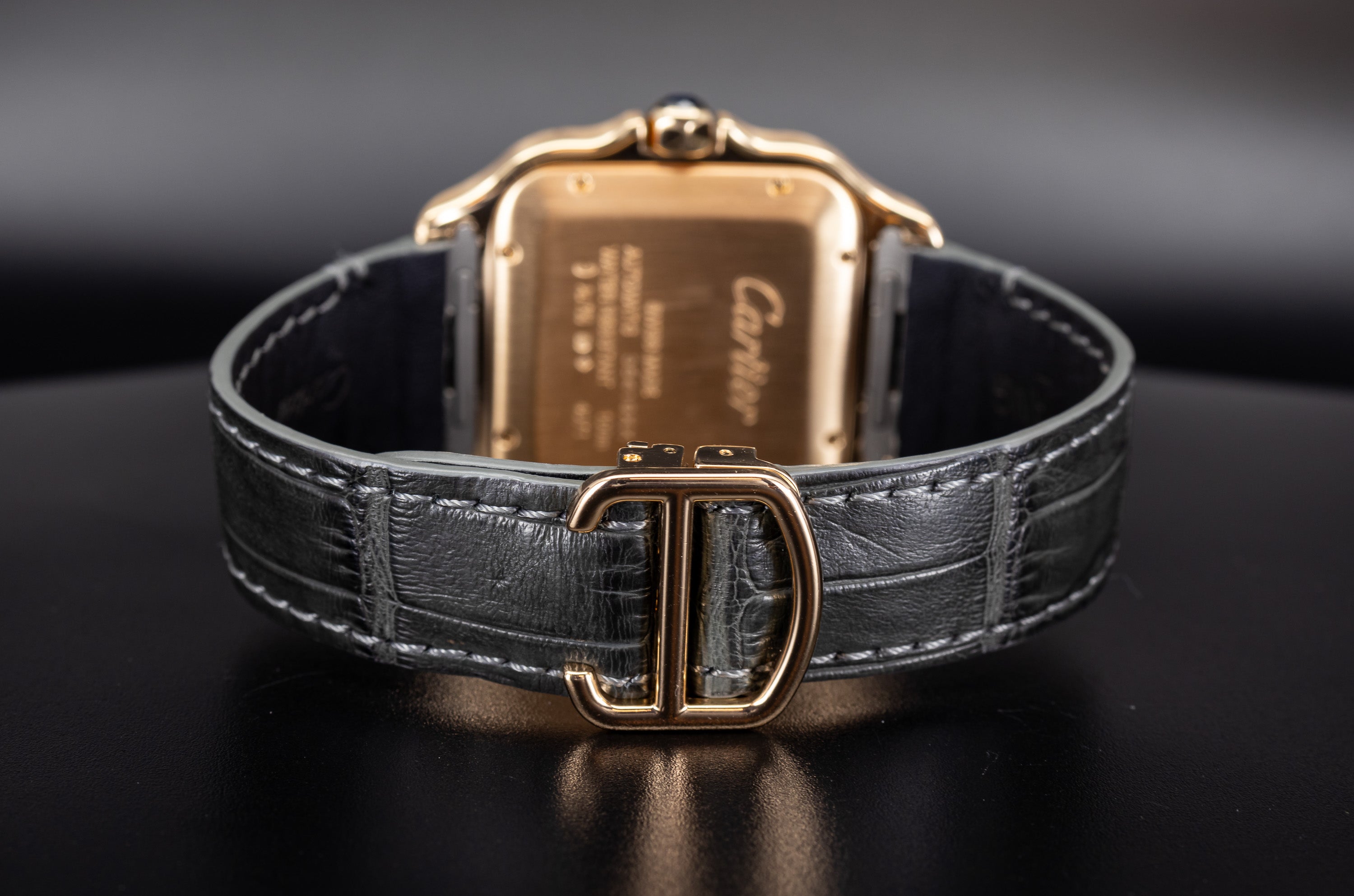 Cartier Santos de Cartier WGSA0011 Rose Gold deployant clasp on black alligator strap 