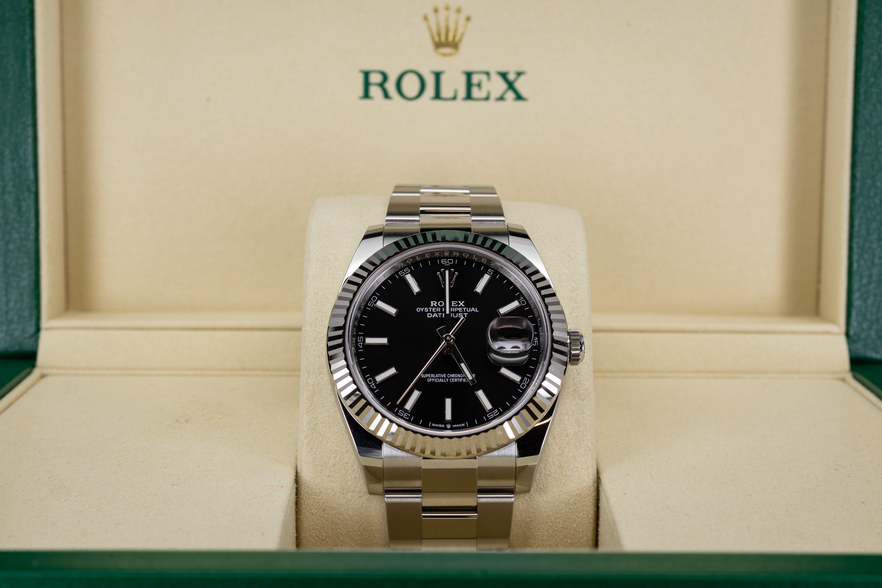 Rolex Datejust 41 126334 with fluted bezel, black dial, and stainless steel oyster bracelet new in box