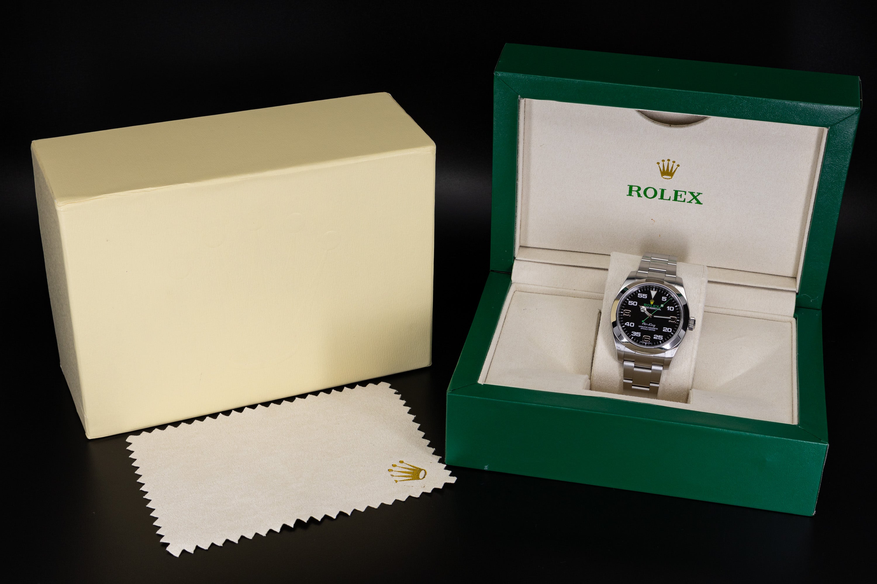 Rolex Air-King 40mm stainless steel with smooth bezel and Black Dial on Oyster bracelet 116900 inner and outer boxes with microfiber cloth