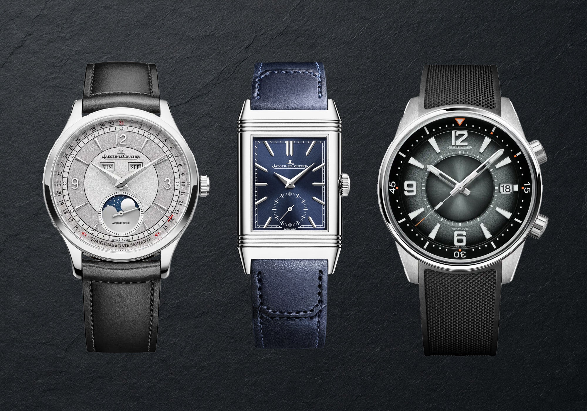Three popular Jaeger-LeCoultre watches including the Polaris Date, Master Control Calendar, and the Reverso Tribute small seconds.