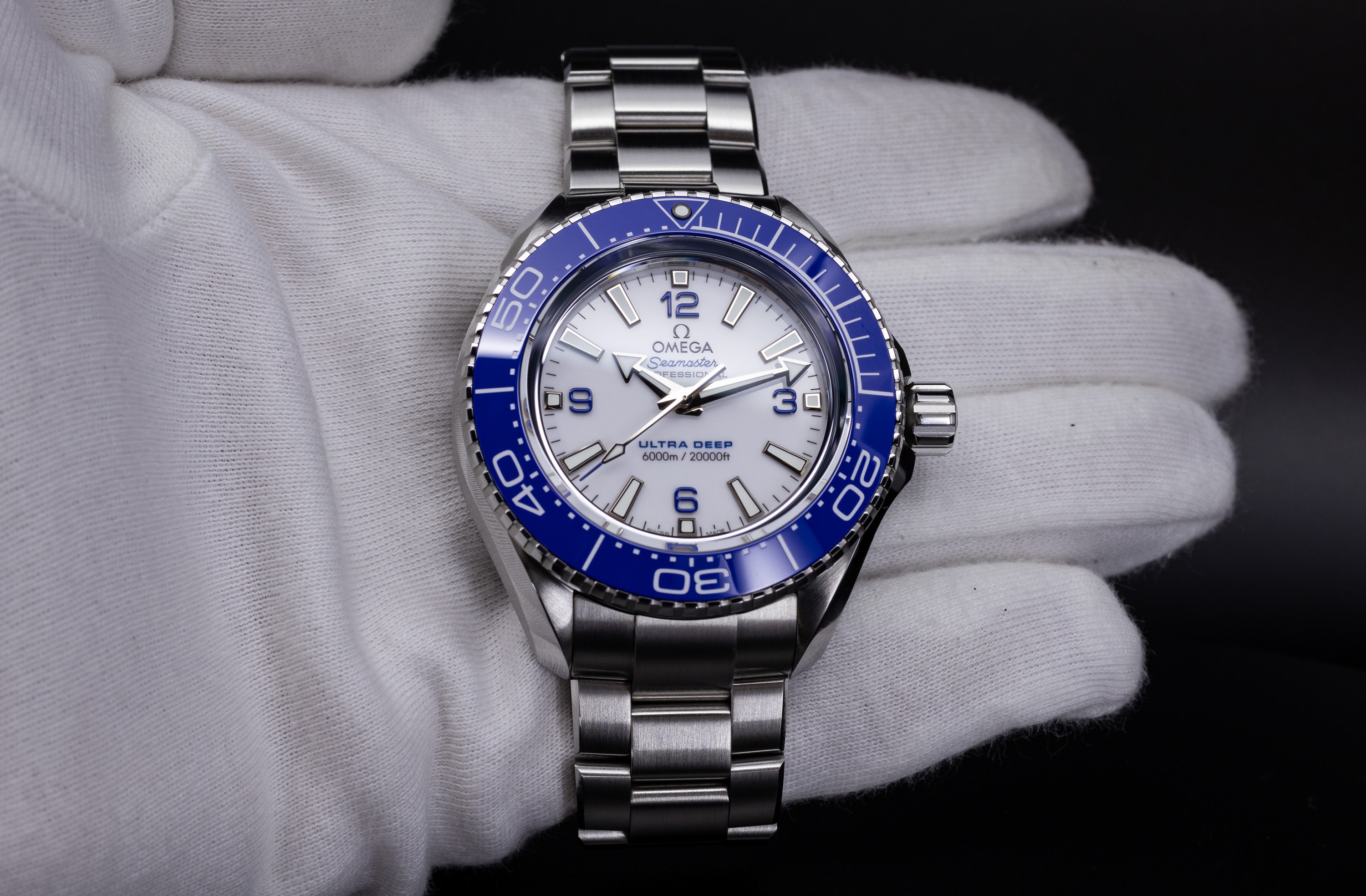 Omega Seamaster Planet Ocean Ultra Deep 6000M stainless steel with white dial and blue ceramic bezel 215.30.46.21.04.001