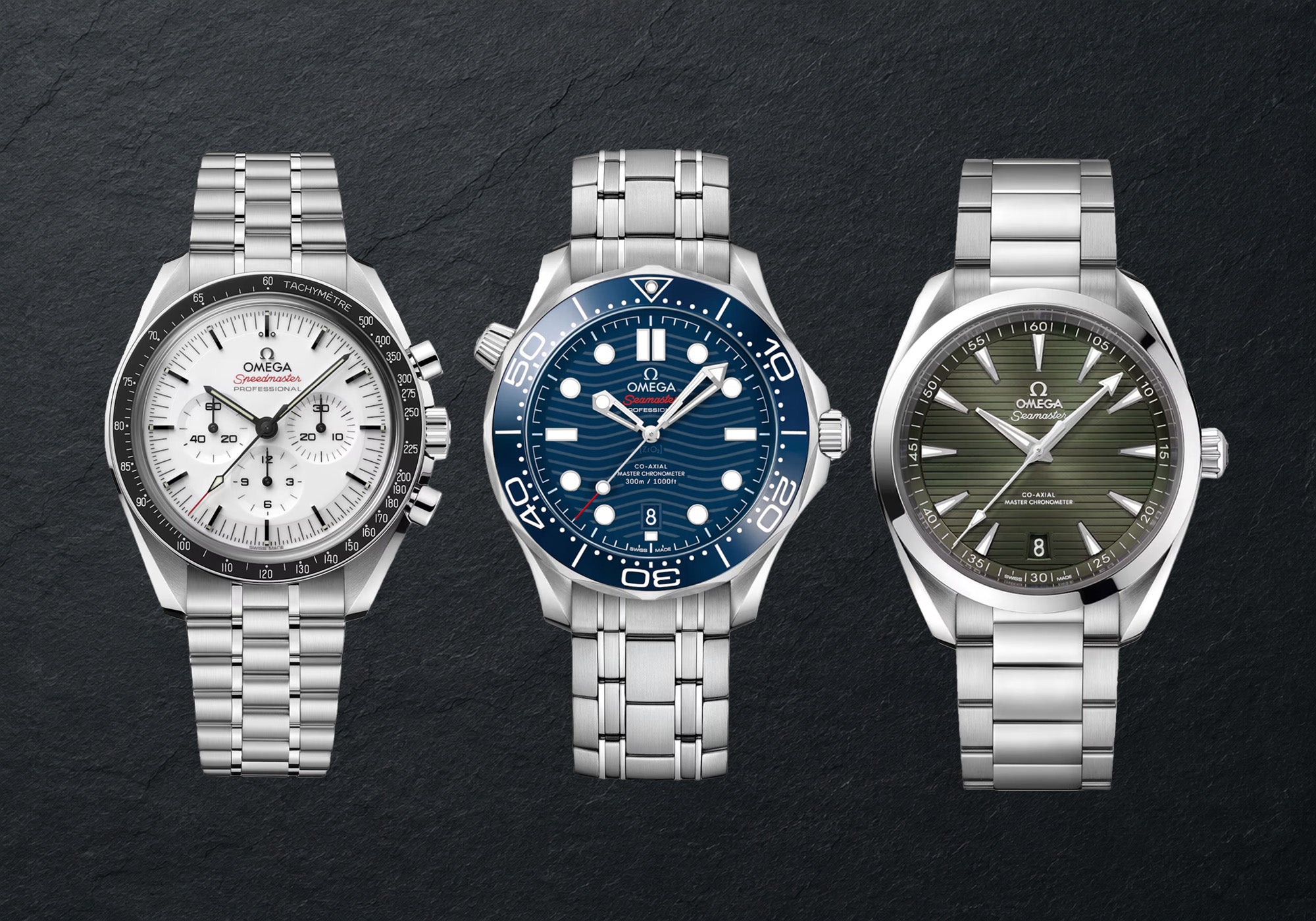 Popular Omega watches including Speedmaster, Seamaster Diver, and Aqua Terra models.